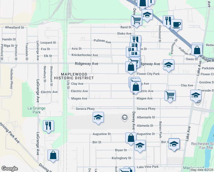 map of restaurants, bars, coffee shops, grocery stores, and more near 316 Electric Avenue in Rochester