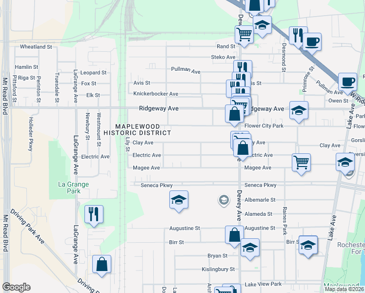 map of restaurants, bars, coffee shops, grocery stores, and more near 376 Electric Avenue in Rochester