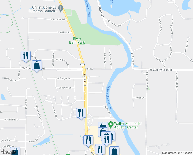 map of restaurants, bars, coffee shops, grocery stores, and more near 4263 West Cherrywood Lane in Brown Deer