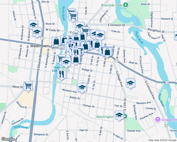 map of restaurants, bars, coffee shops, grocery stores, and more near 413 South 5th Street in Watertown
