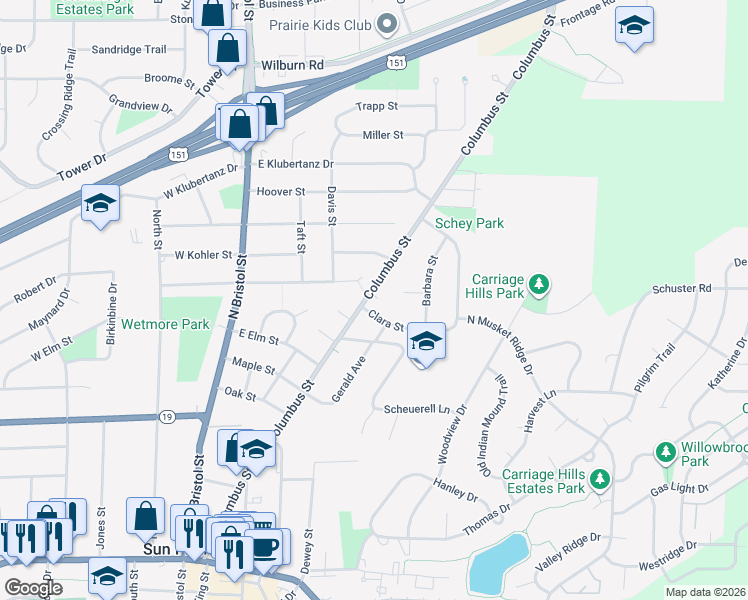 map of restaurants, bars, coffee shops, grocery stores, and more near 805 Columbus Street in Sun Prairie