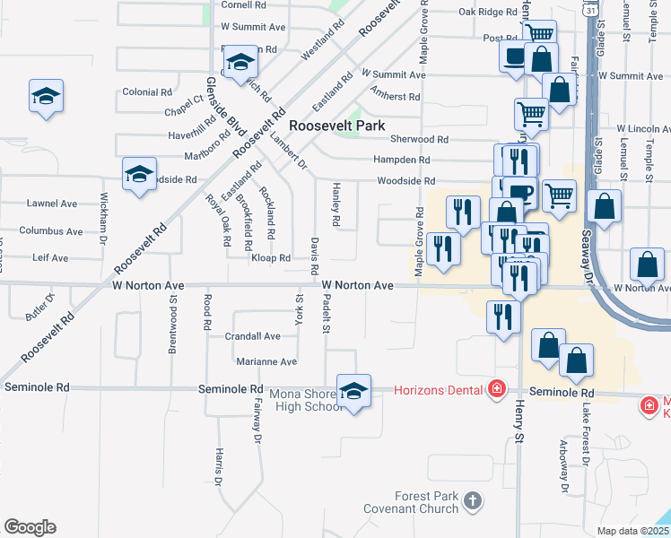 map of restaurants, bars, coffee shops, grocery stores, and more near 1160 West Norton Avenue in Muskegon