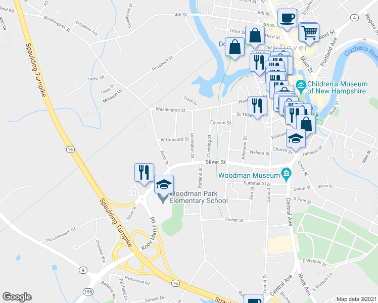map of restaurants, bars, coffee shops, grocery stores, and more near 35 Lexington Street in Dover