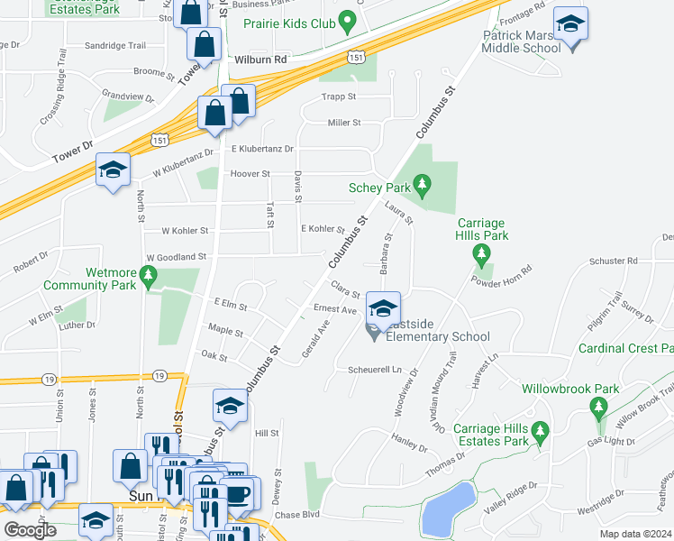 map of restaurants, bars, coffee shops, grocery stores, and more near 805 Columbus Street in Sun Prairie