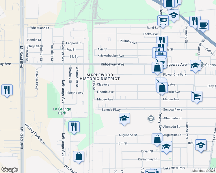map of restaurants, bars, coffee shops, grocery stores, and more near 428 Electric Avenue in Rochester