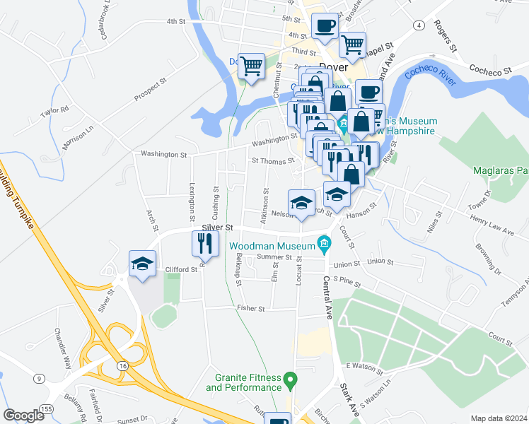 map of restaurants, bars, coffee shops, grocery stores, and more near 31 Nelson Street in Dover