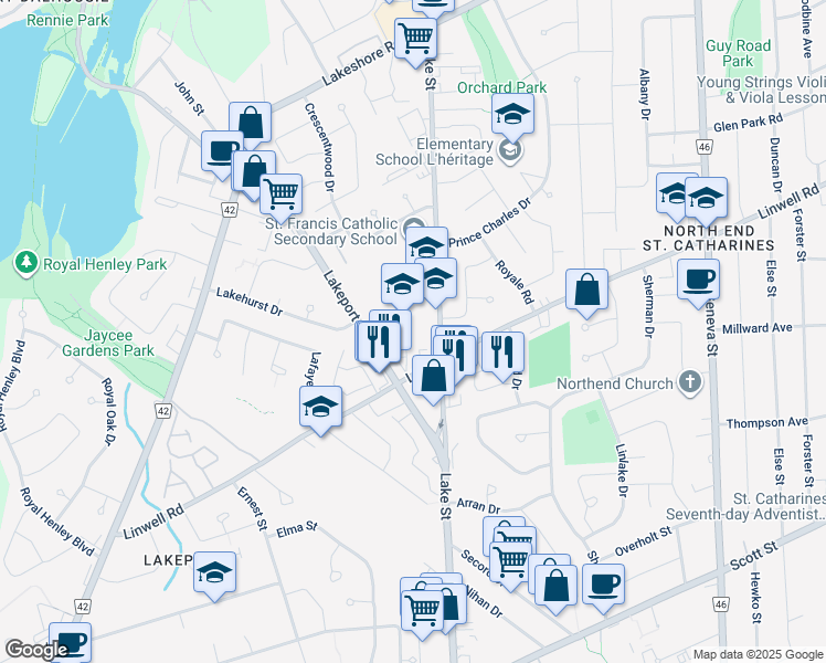 map of restaurants, bars, coffee shops, grocery stores, and more near 535 Lake Street in St. Catharines