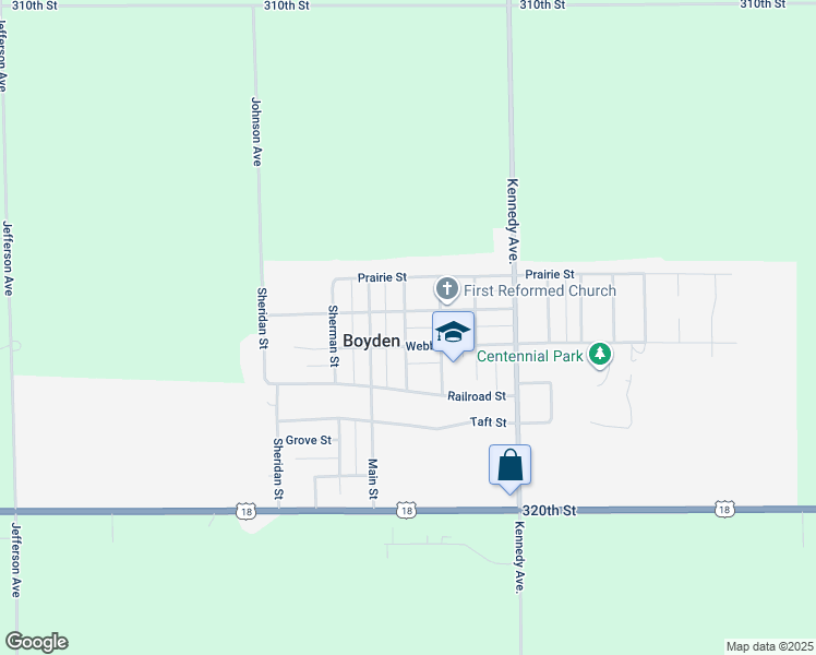 map of restaurants, bars, coffee shops, grocery stores, and more near in Boyden