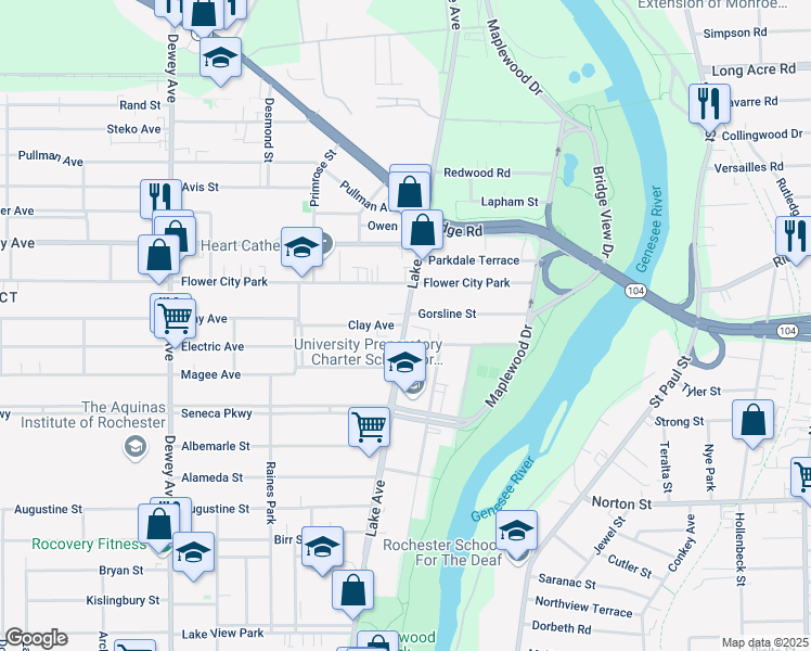 map of restaurants, bars, coffee shops, grocery stores, and more near Lake Ave & Clay Ave in Rochester