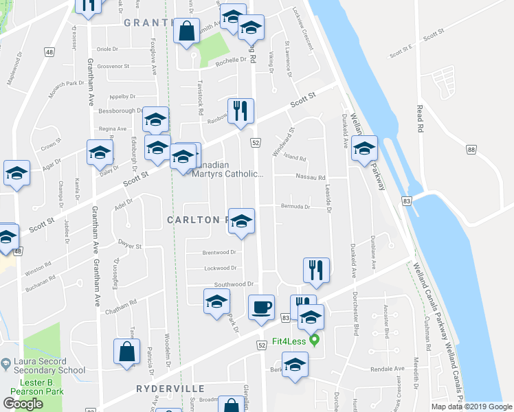 map of restaurants, bars, coffee shops, grocery stores, and more near Bunting Road in Saint Catharines