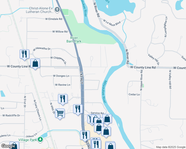 map of restaurants, bars, coffee shops, grocery stores, and more near 4201 West Hawthorne Trace Road in Milwaukee