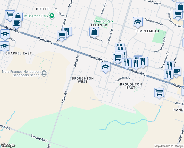 map of restaurants, bars, coffee shops, grocery stores, and more near 153 Assisi Street in Hamilton