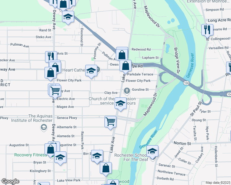 map of restaurants, bars, coffee shops, grocery stores, and more near 24 Clay Avenue in Rochester
