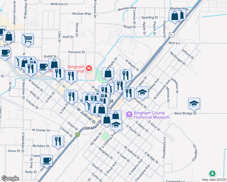 map of restaurants, bars, coffee shops, grocery stores, and more near 260 N Broadway St in Blackfoot