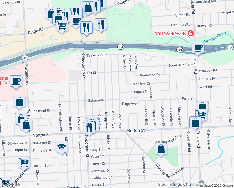map of restaurants, bars, coffee shops, grocery stores, and more near 160 Bennett Avenue in Rochester