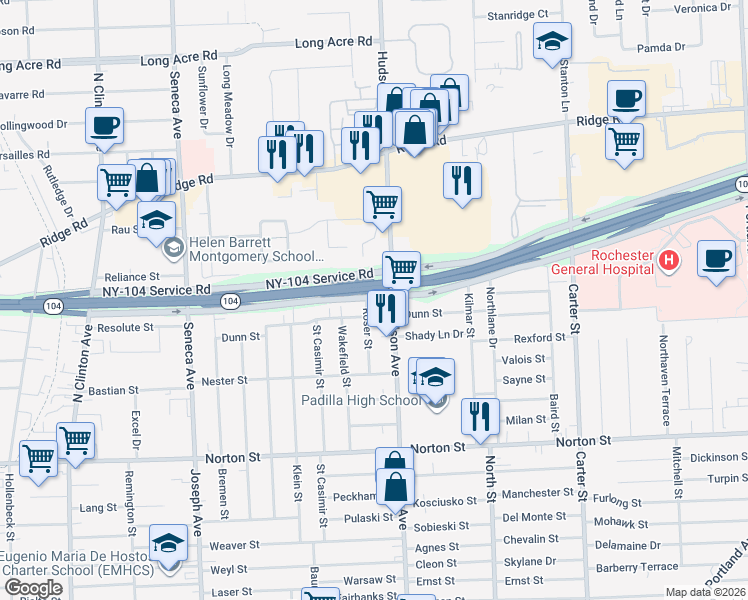 map of restaurants, bars, coffee shops, grocery stores, and more near 89 Roser Street in Rochester