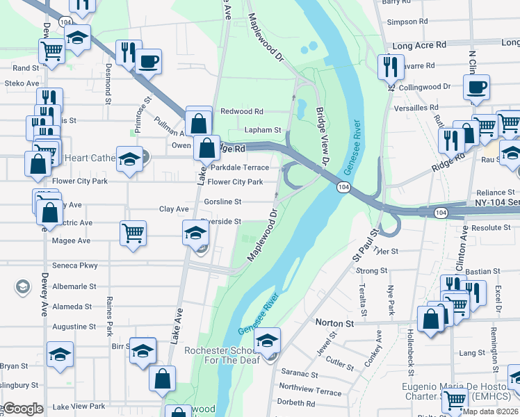 map of restaurants, bars, coffee shops, grocery stores, and more near 46 Riverside Street in Rochester