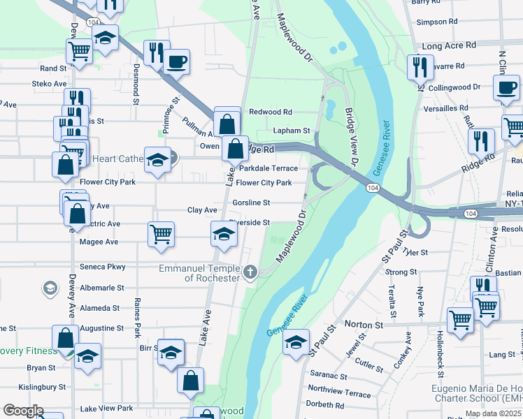 map of restaurants, bars, coffee shops, grocery stores, and more near 14 Riverside Street in Rochester