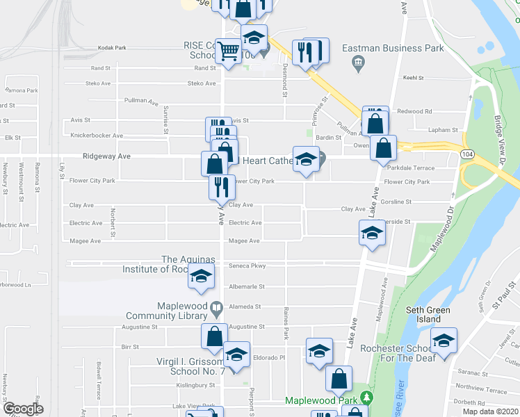 map of restaurants, bars, coffee shops, grocery stores, and more near 104 Electric Avenue in Rochester