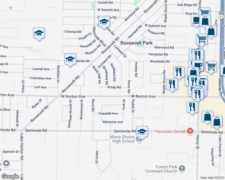 map of restaurants, bars, coffee shops, grocery stores, and more near 1294 West Norton Avenue in Muskegon