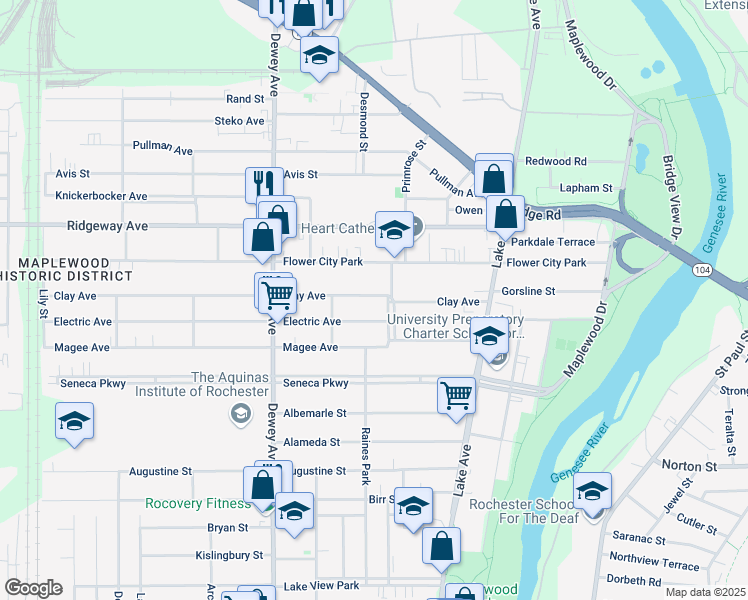 map of restaurants, bars, coffee shops, grocery stores, and more near 169 Clay Avenue in Rochester