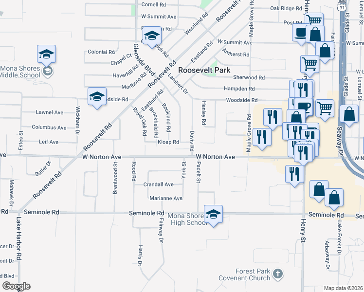 map of restaurants, bars, coffee shops, grocery stores, and more near 1225 Alison Court in Muskegon