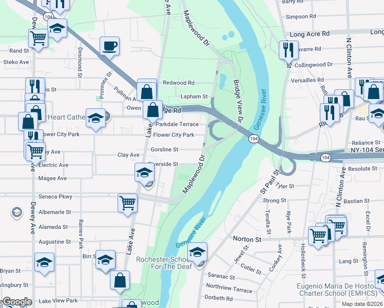 map of restaurants, bars, coffee shops, grocery stores, and more near 46 Riverside Street in Rochester