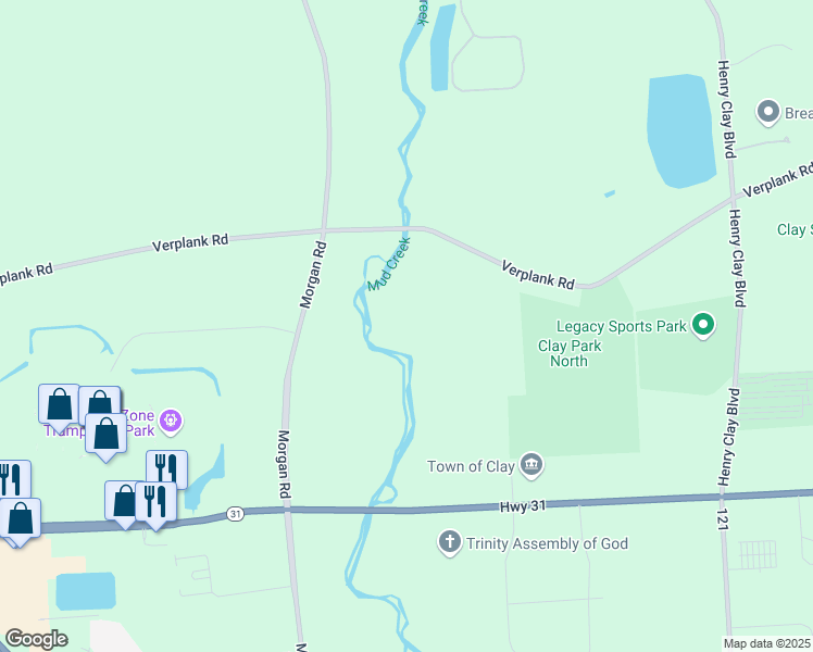 map of restaurants, bars, coffee shops, grocery stores, and more near 8752 Morgan Road in Clay