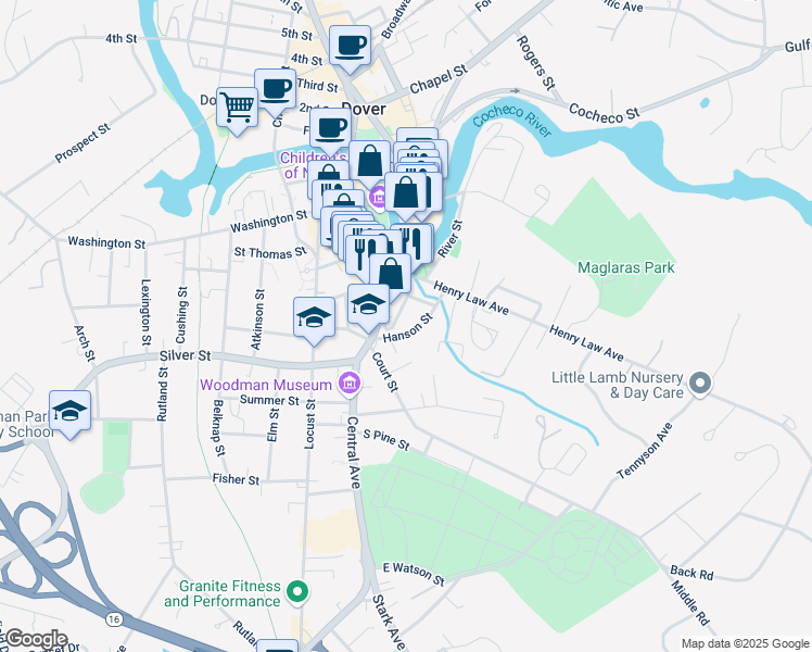 map of restaurants, bars, coffee shops, grocery stores, and more near 17 Hanson Street in Dover