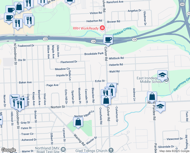 map of restaurants, bars, coffee shops, grocery stores, and more near 420 Bleacker Road in Rochester