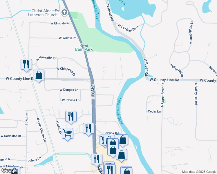 map of restaurants, bars, coffee shops, grocery stores, and more near 4101 West Cherrywood Lane in Brown Deer
