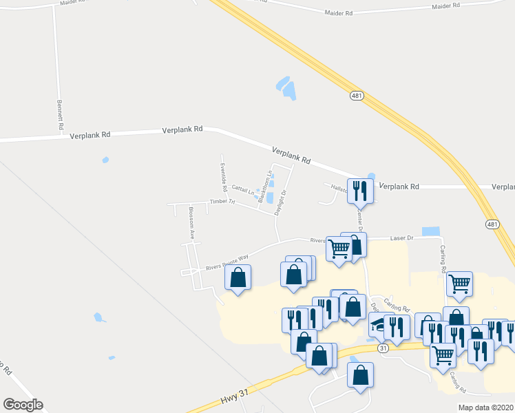 map of restaurants, bars, coffee shops, grocery stores, and more near 3950 Verplank Road in Liverpool