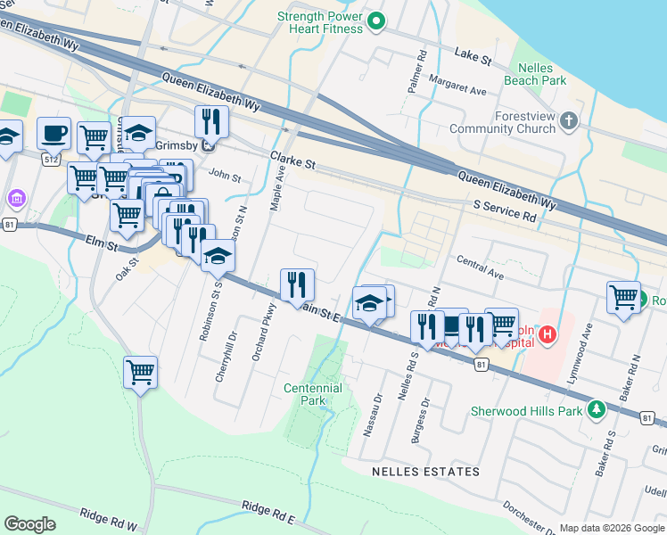 map of restaurants, bars, coffee shops, grocery stores, and more near 33 Debora Drive in Grimsby