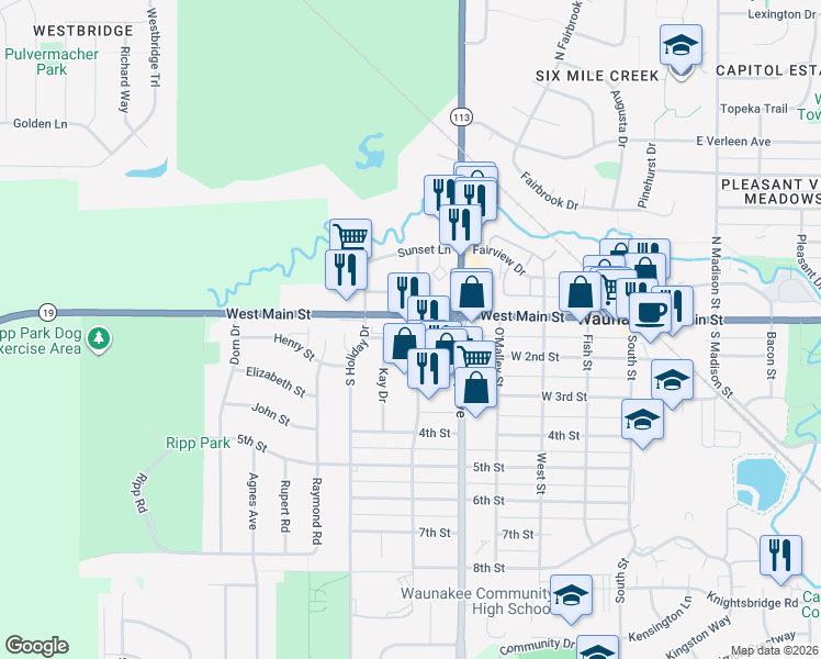 map of restaurants, bars, coffee shops, grocery stores, and more near 600 West Main Street in Waunakee