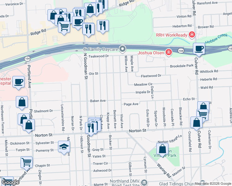 map of restaurants, bars, coffee shops, grocery stores, and more near 160 Bennett Avenue in Rochester