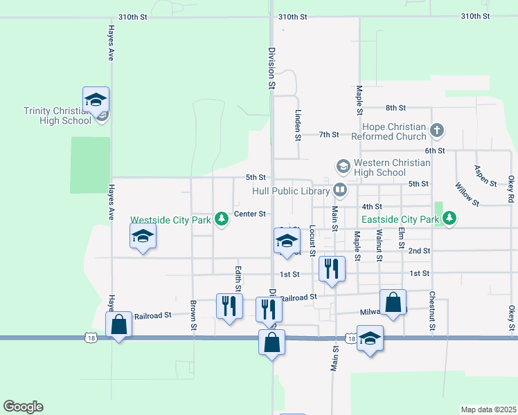 map of restaurants, bars, coffee shops, grocery stores, and more near 1301-1399 Division Street in Hull