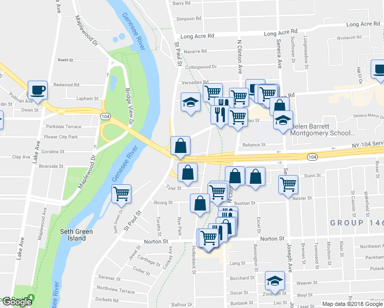 map of restaurants, bars, coffee shops, grocery stores, and more near 24 Keeler Street in Rochester