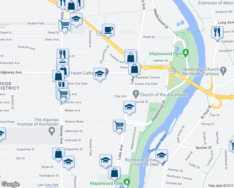 map of restaurants, bars, coffee shops, grocery stores, and more near 62 Clay Avenue in Rochester