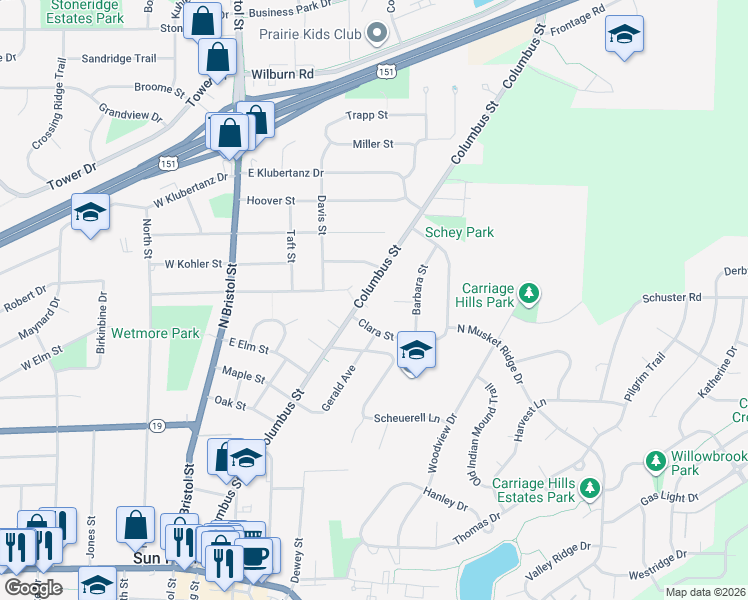 map of restaurants, bars, coffee shops, grocery stores, and more near 825 Columbus Street in Sun Prairie