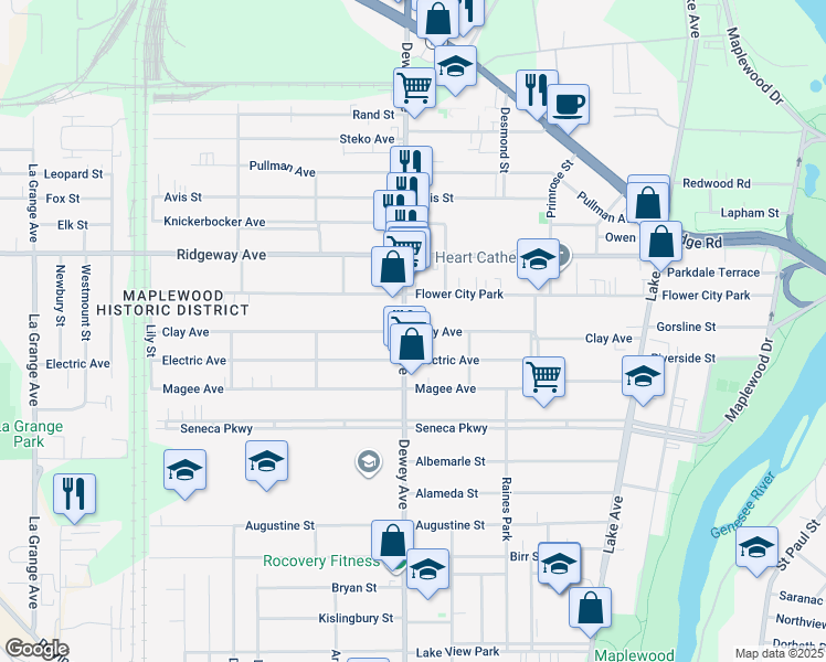 map of restaurants, bars, coffee shops, grocery stores, and more near 310 Clay Avenue in Rochester