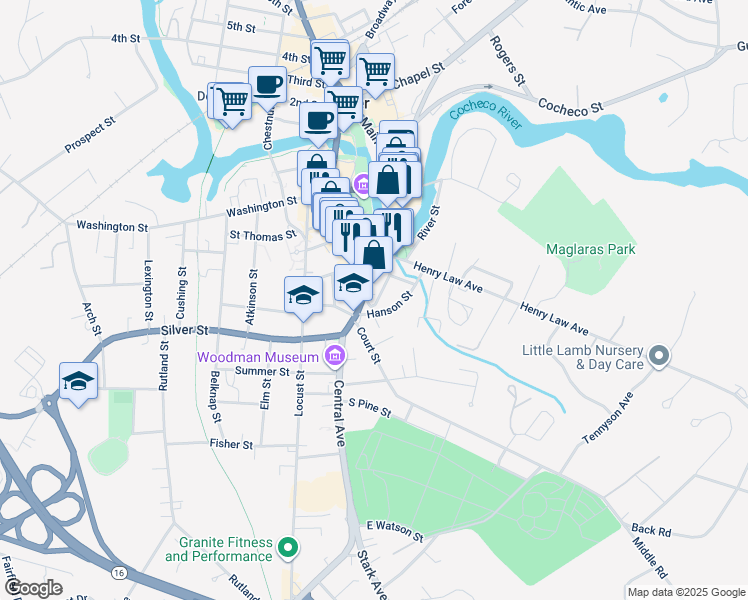 map of restaurants, bars, coffee shops, grocery stores, and more near 17 Hanson Street in Dover
