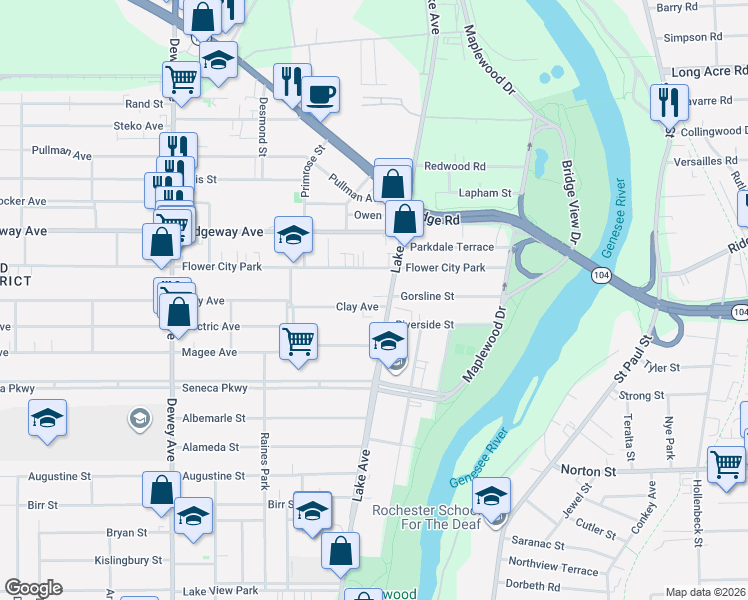 map of restaurants, bars, coffee shops, grocery stores, and more near in Rochester