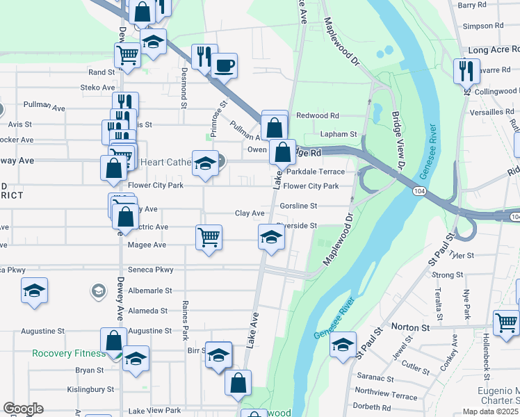map of restaurants, bars, coffee shops, grocery stores, and more near 45 Clay Avenue in Rochester