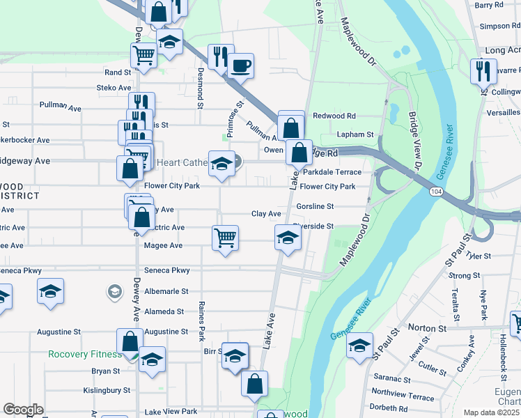 map of restaurants, bars, coffee shops, grocery stores, and more near 45 Clay Avenue in Rochester