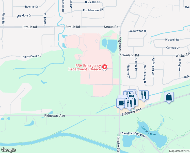 map of restaurants, bars, coffee shops, grocery stores, and more near 1561 Long Pond Road in Rochester