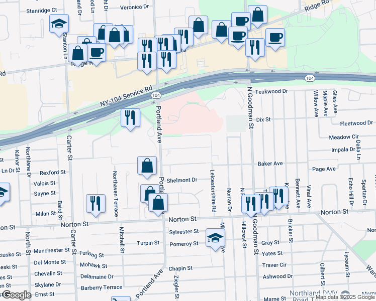 map of restaurants, bars, coffee shops, grocery stores, and more near 20 Buell Drive in Rochester