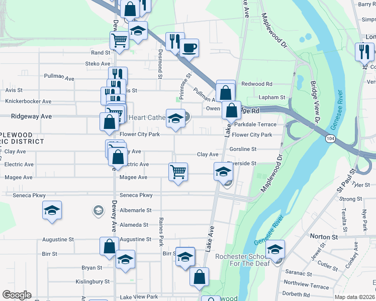 map of restaurants, bars, coffee shops, grocery stores, and more near 99 Clay Avenue in Rochester