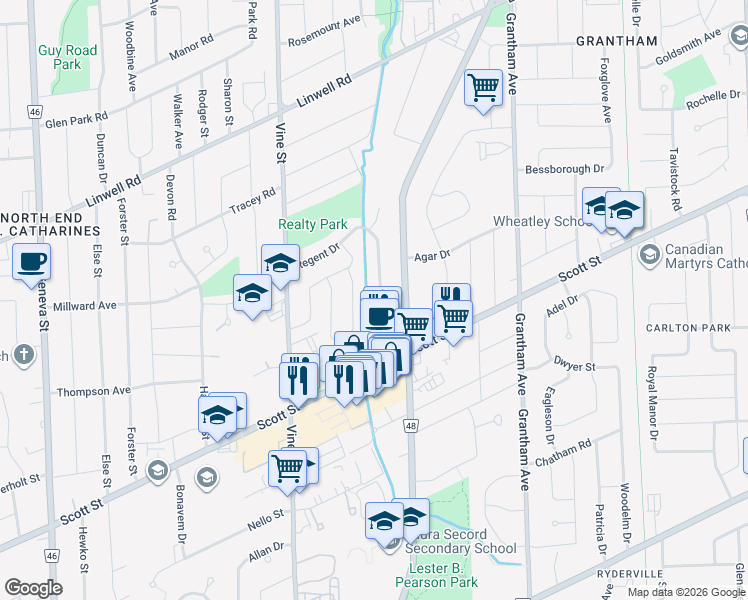 map of restaurants, bars, coffee shops, grocery stores, and more near 78 Regent Drive in Saint Catharines