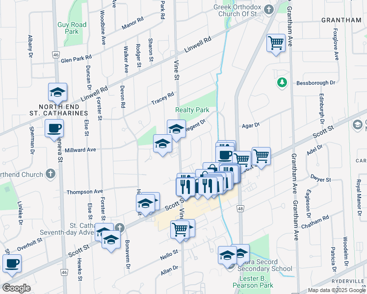 map of restaurants, bars, coffee shops, grocery stores, and more near in St. Catharines