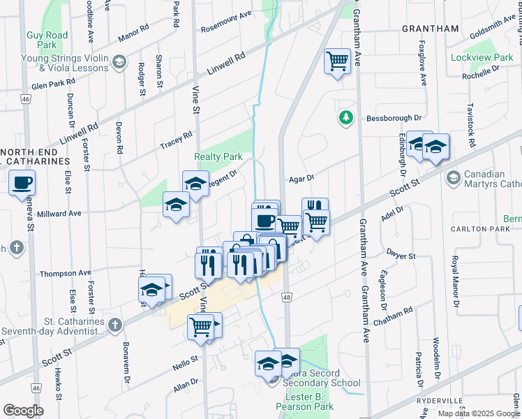 map of restaurants, bars, coffee shops, grocery stores, and more near 78 Regent Drive in St. Catharines